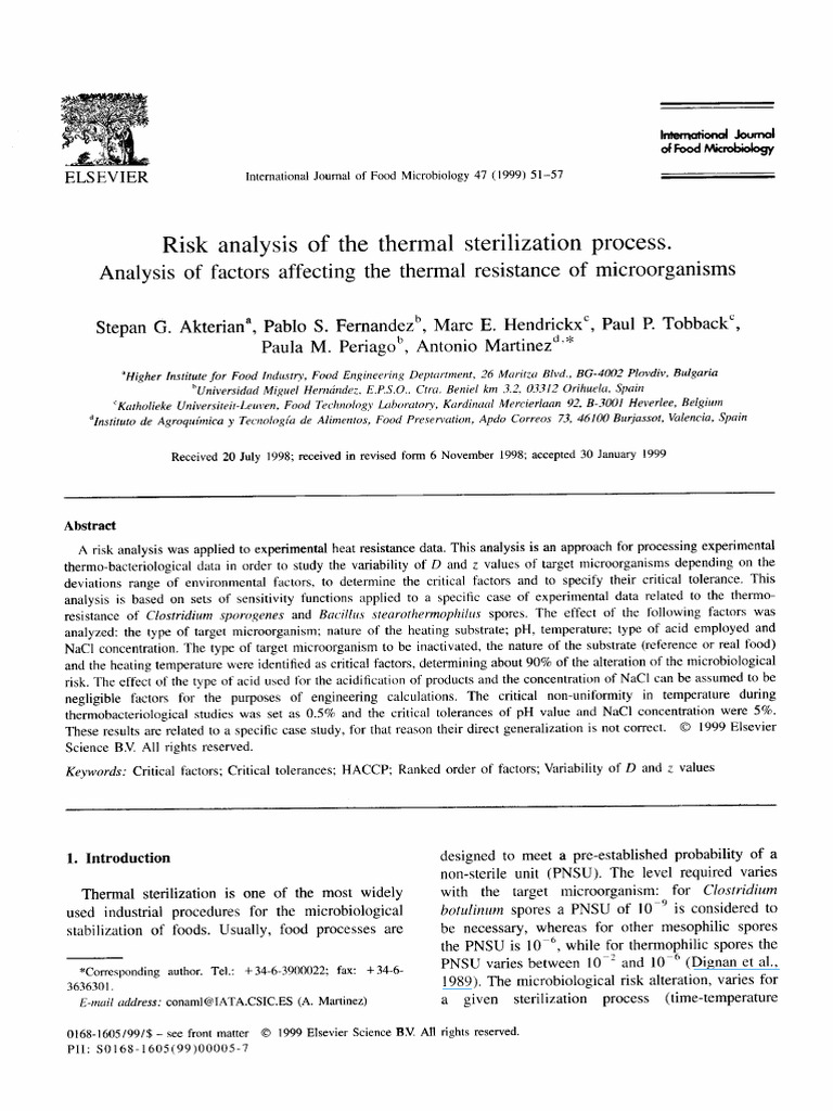 Risk Analysis of The Thermal Sterilizati | PDF | Ph | Function ...