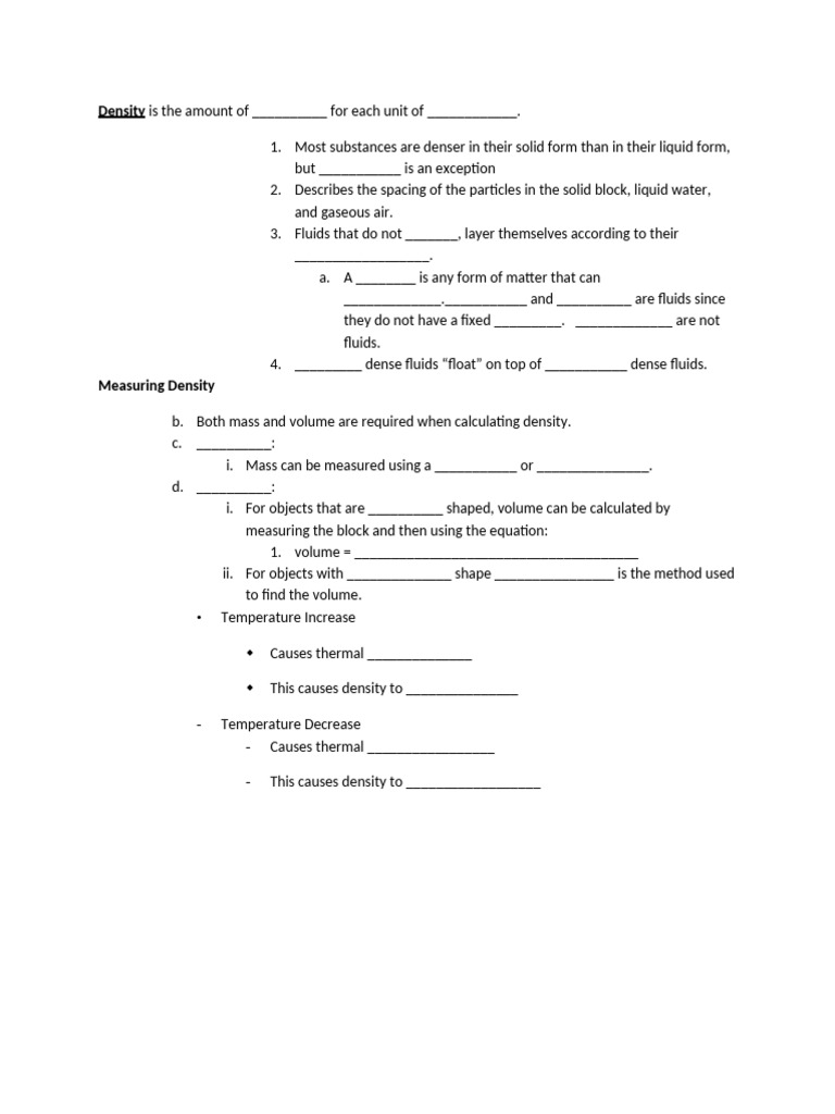 Chemistry - Density - Fill in Notes | PDF