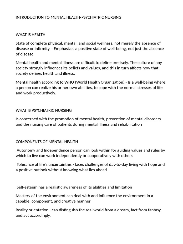 Introduction to Psychiatric Nursing | PDF | Psychotherapy | Mental Disorder