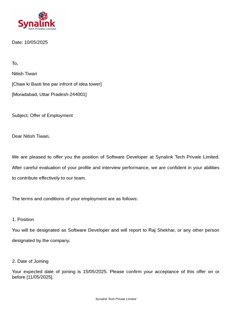 Employment Offer for Software Developer | PDF