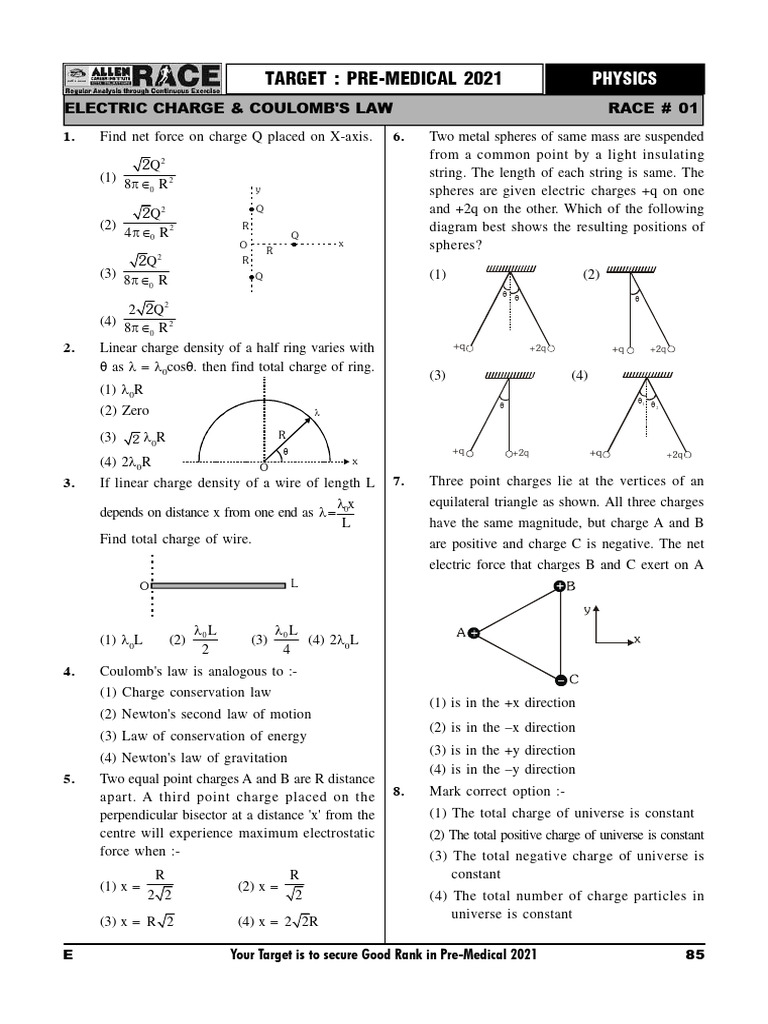Pre-Medical 2021 Physics Exam Questions | PDF | Force | Electric Field