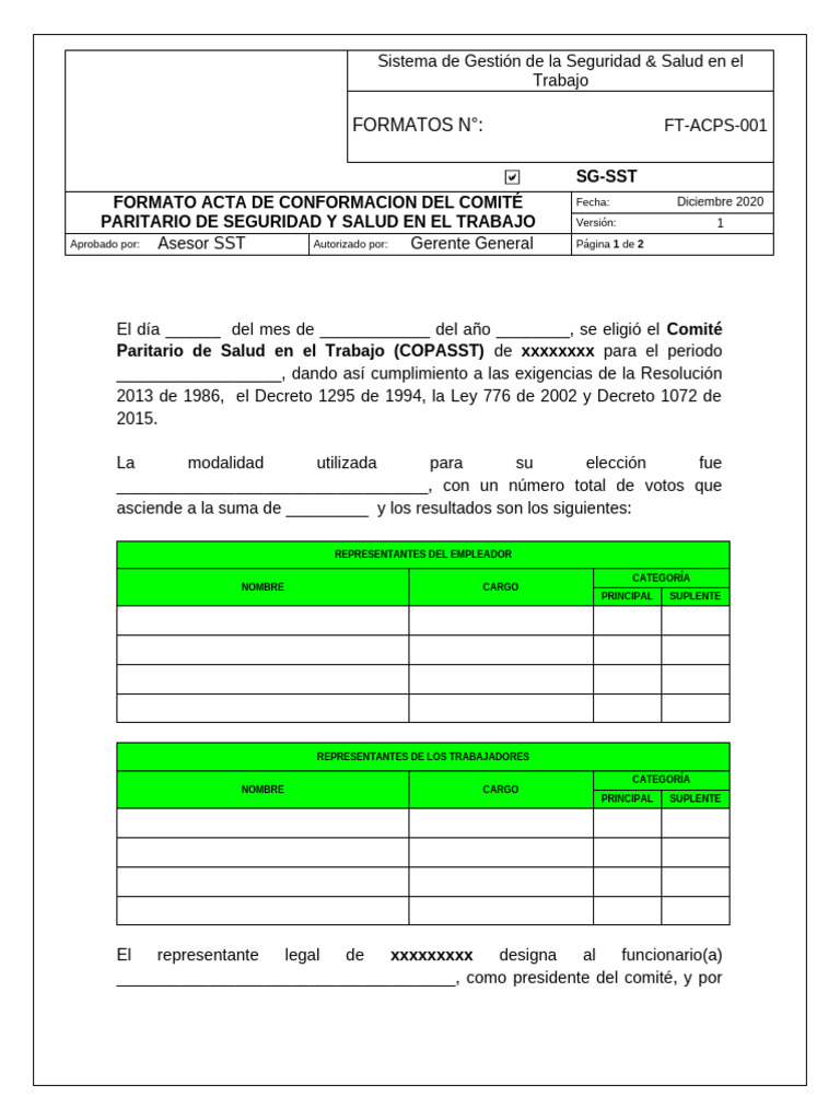 FT-SST-013 Formato de Acta de Conformación Del COPASST | PDF | Gobierno
