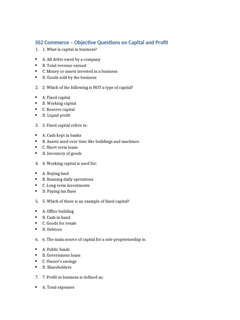 SS2 Commerce Objective Questions Capital Profit | PDF | Loans | Debt