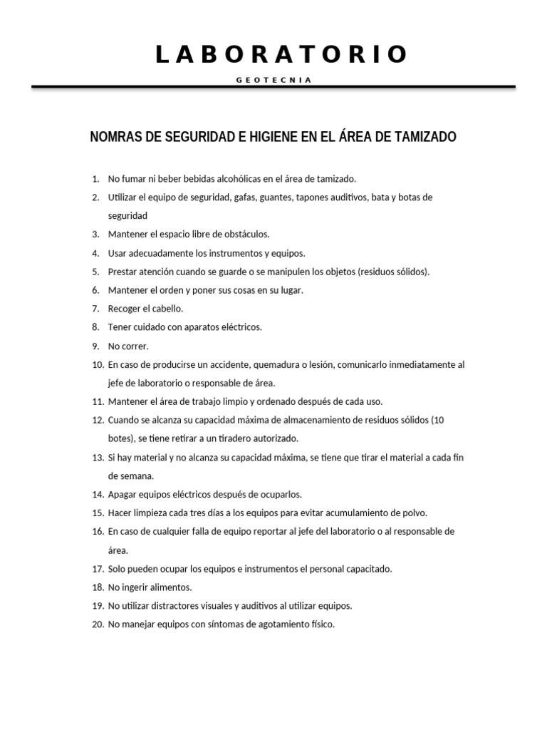 Normas de Seguridad e Higiene en El Area de Tamizado | PDF