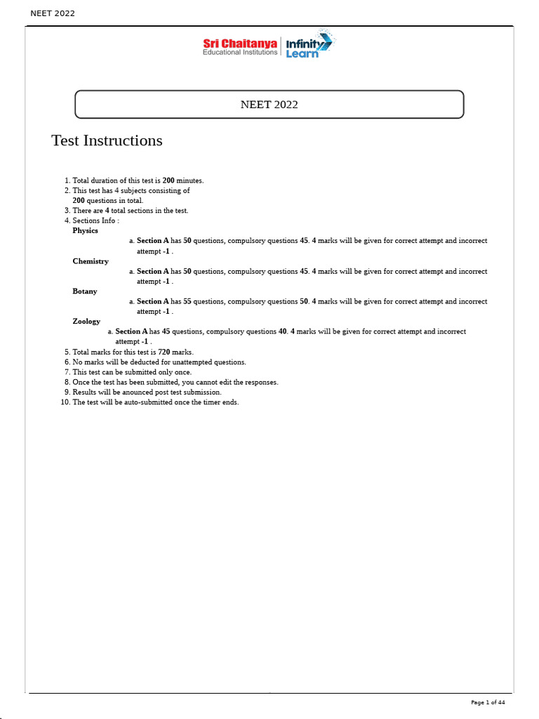 NEET 2022 Test Instructions and Format | PDF | Refractive Index | Light