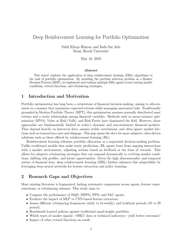Deep Reinforcement Learning for Portfolio Optimization | PDF ...