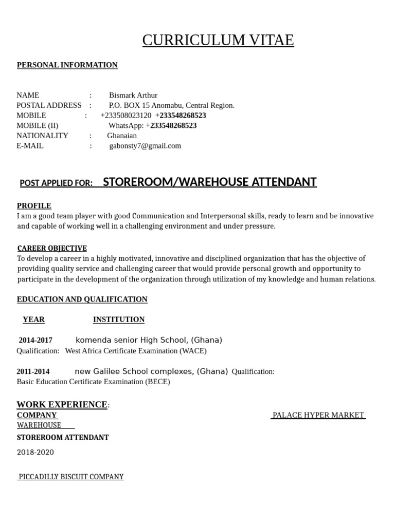Bismark Arthur Storeroom Attendant CV | PDF | Warehouse
