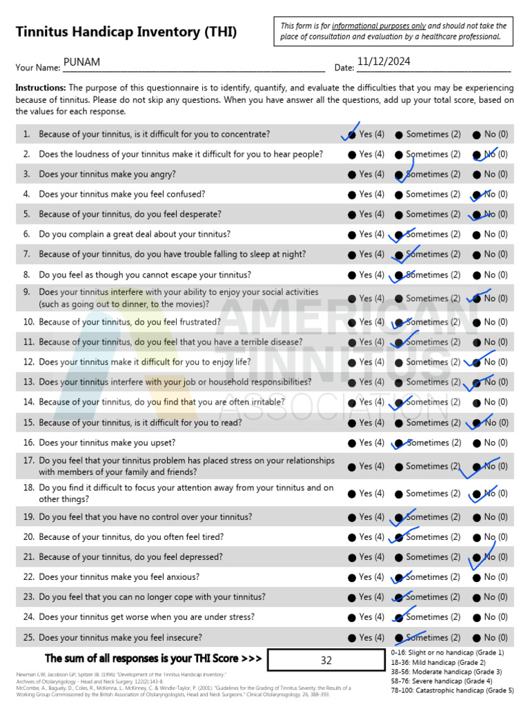 Tinnitus Handicap Inventory Scoring Guide | PDF | Tinnitus | Medicine