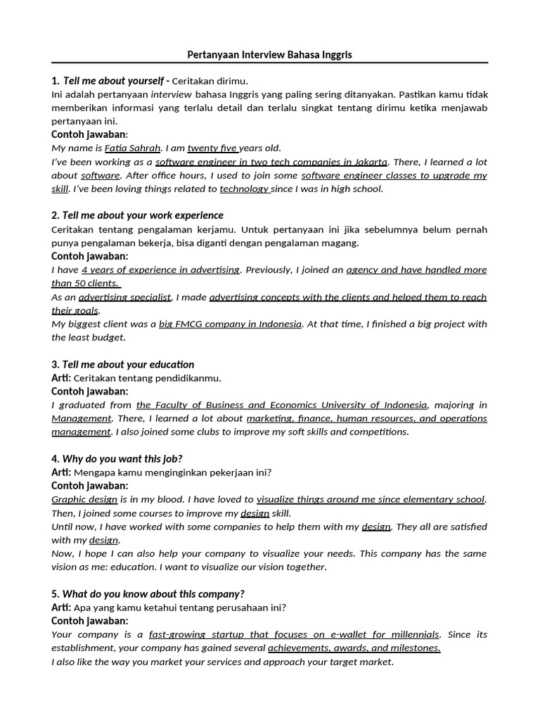 30 Pertanyaan Interview Bahasa Inggris Pdf