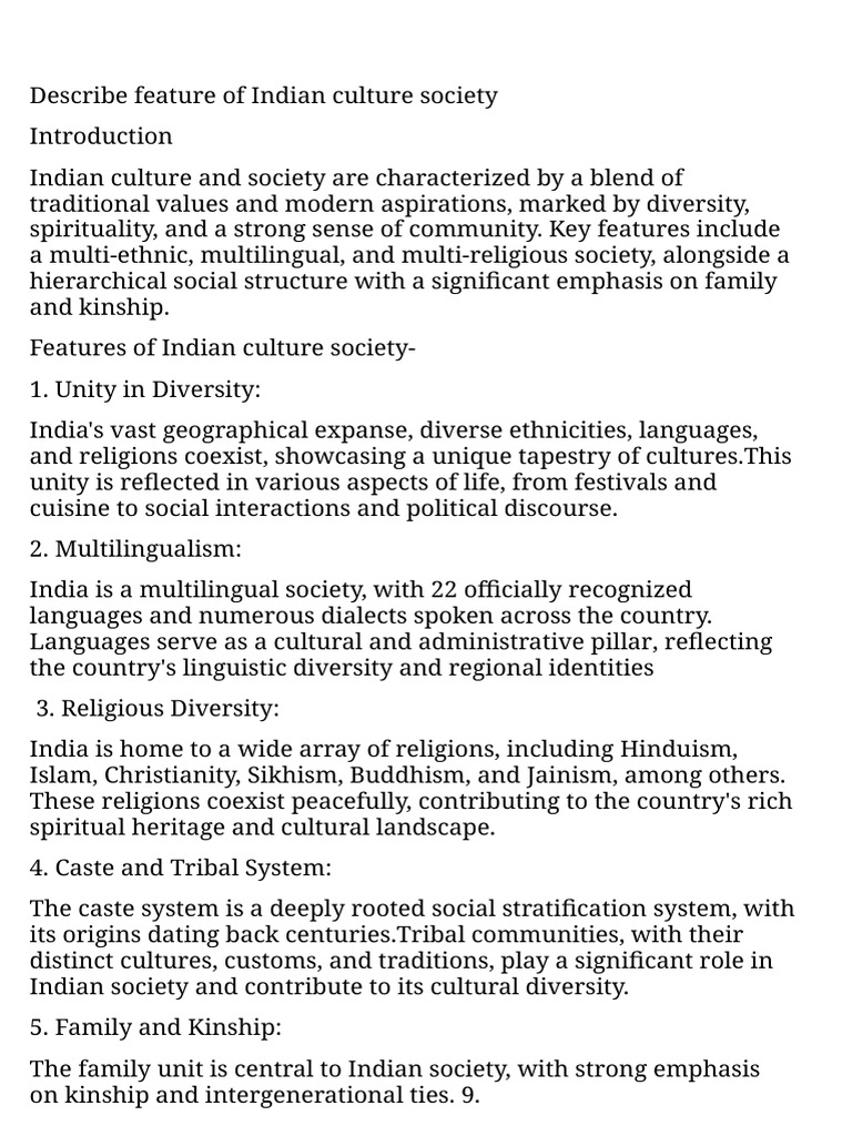 Features of Indian Culture and Society | PDF | Multiculturalism | Society