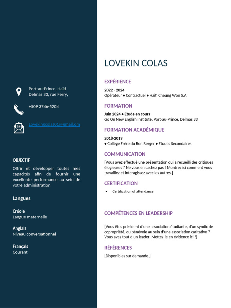 CV de Lovekin Colas - Opérateur en Haïti | PDF