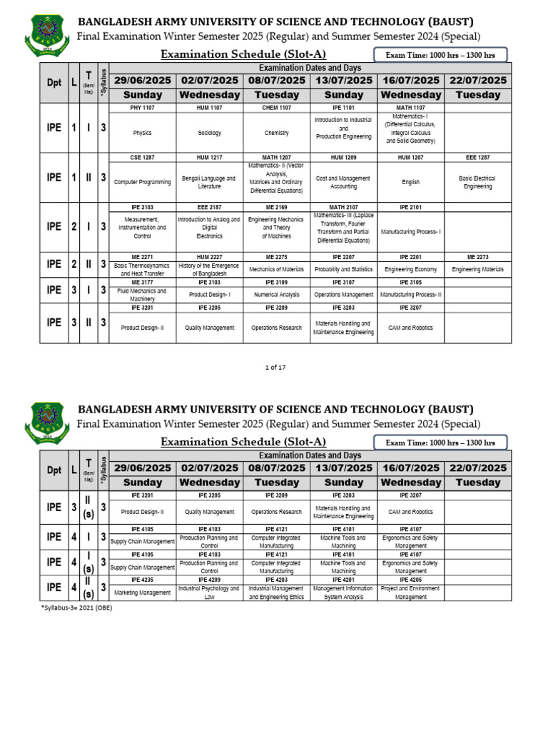 BAUST Exam Schedule: Winter 2025 | PDF | Electrical Engineering ...