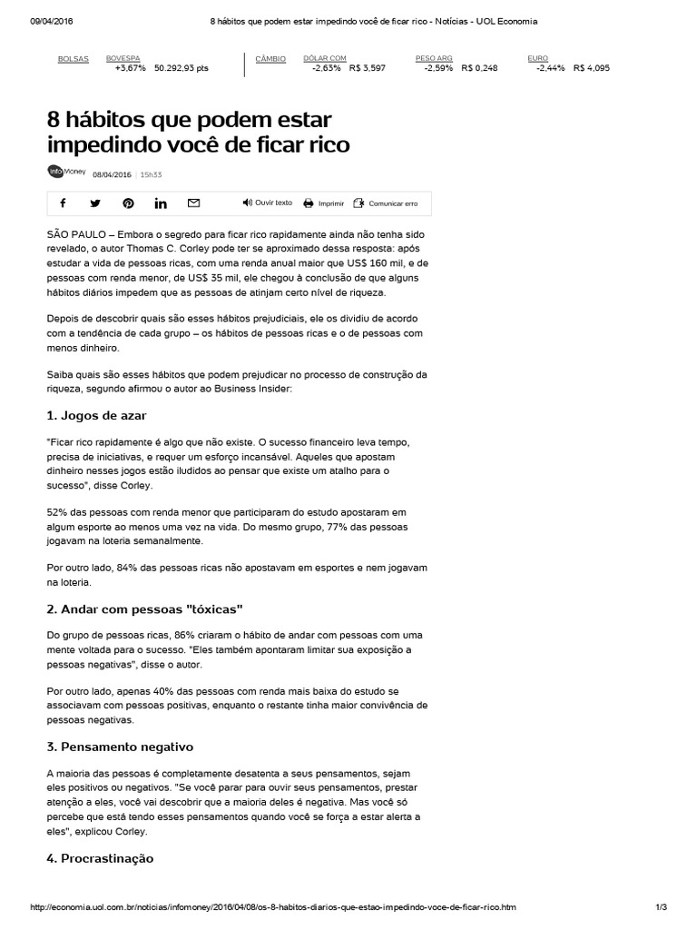 Hábitos que impedem a riqueza pessoal | PDF | Pensamento | Dinheiro