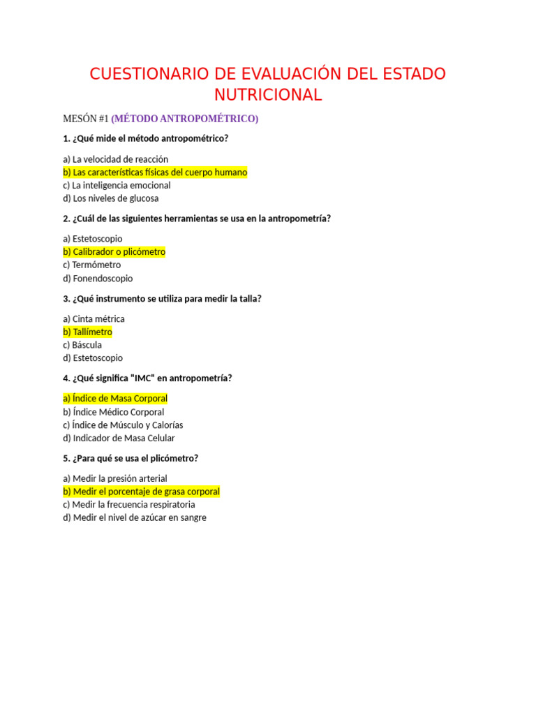 Cuestionario sobre Métodos Nutricionales | PDF | Nutrición | Dieta y