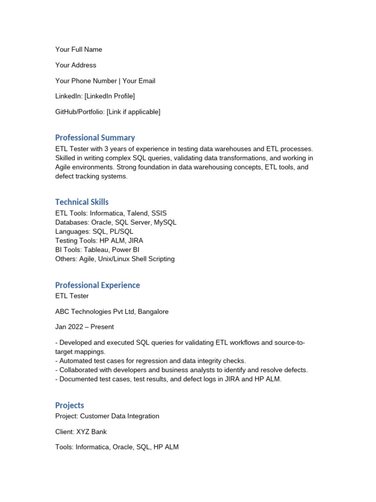 ETL Tester Resume Sample | PDF