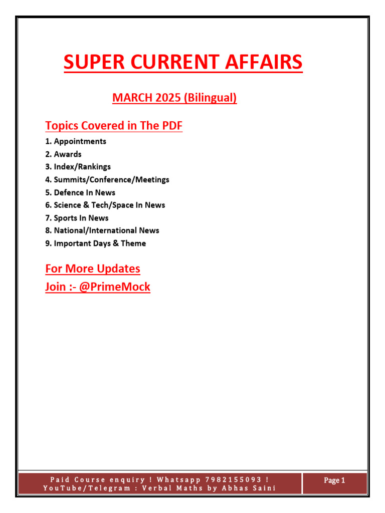March 2025 Current Affairs Summary | PDF