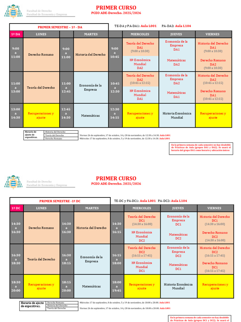 Horarios PCEO ADE-Derecho 2025/2026 | PDF | Economias