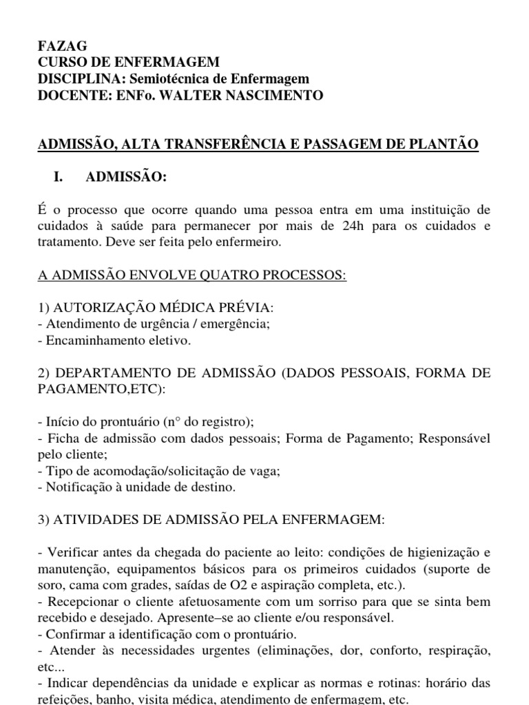 Processo de Admissão de Pacientes em Enfermagem | PDF | Enfermagem ...