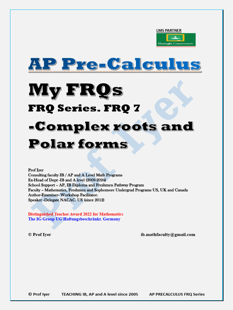 AP Precalculus FRQ - Complex Roots and Polar Forms FRQ 7-Global Version ...
