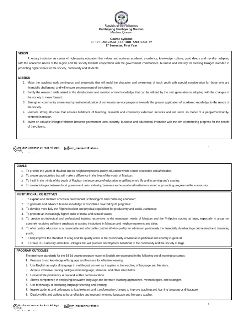 EL 101 Language, Culture, and Society Syllabus | PDF | Multilingualism ...