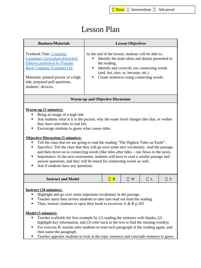 ESL Reading and Writing Lesson Plan | PDF | Sentence (Linguistics ...
