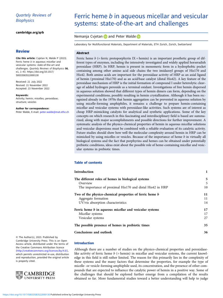 Ferric Heme B in Aqueous Micellar and Vesicular Sy | PDF | Ion Channel ...