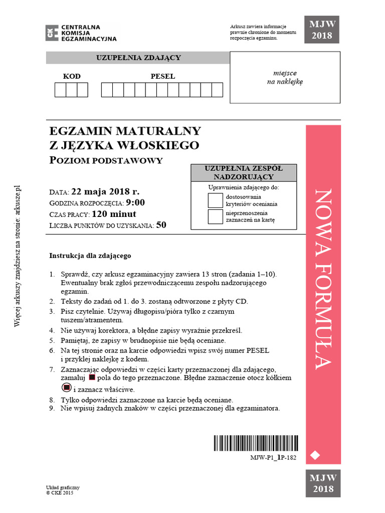 Jezyk Wloski 2018 Maj Matura Podstawowa | PDF