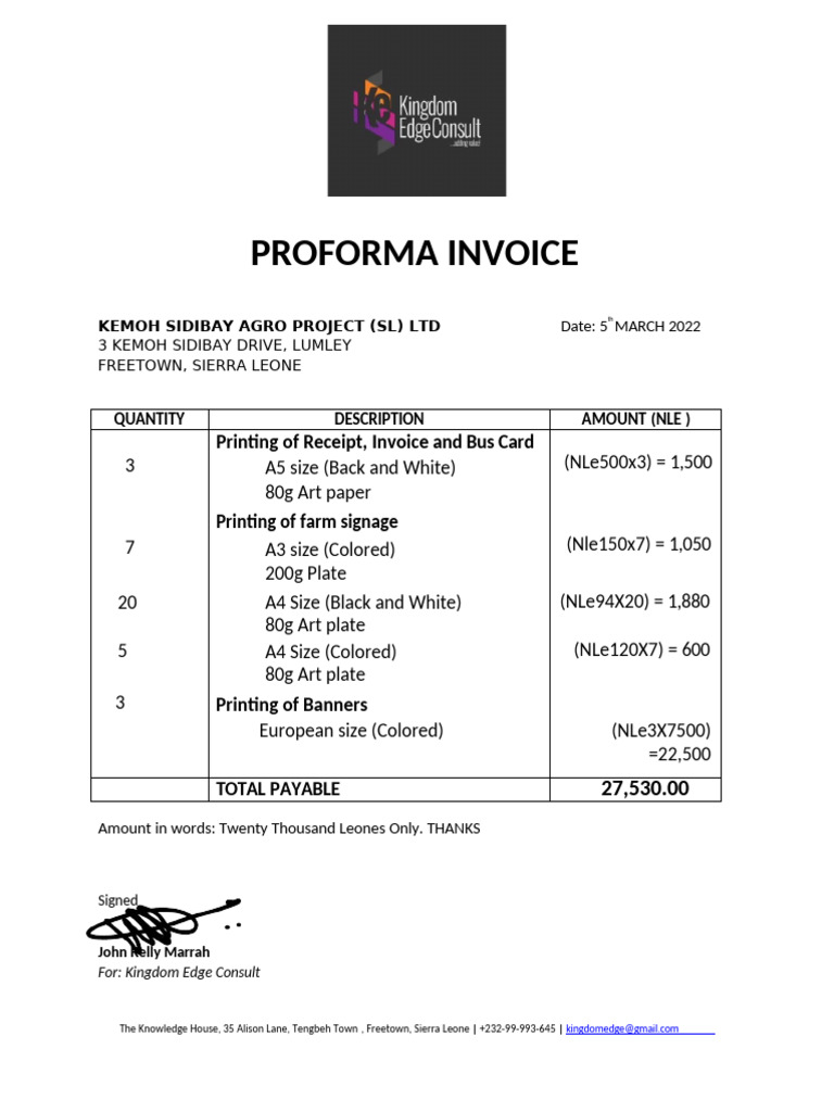 Proforma Invoice for Printing Services | PDF