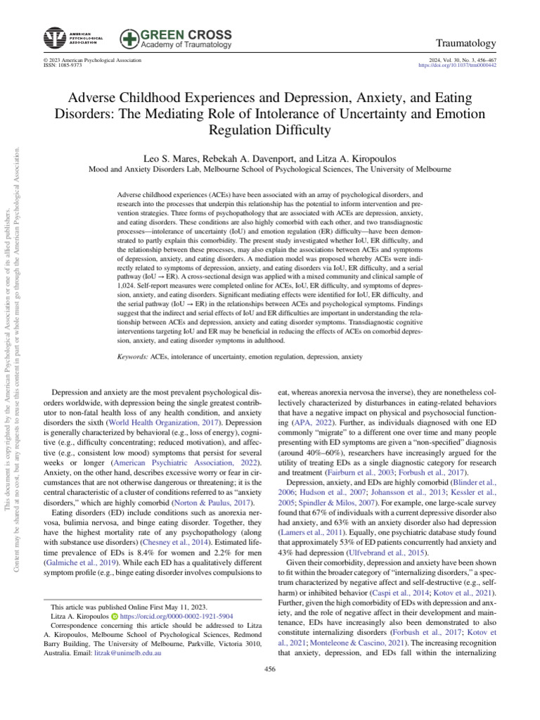 Adverse Childhood Experiences and Depression, Anxiety, and Eating | PDF ...