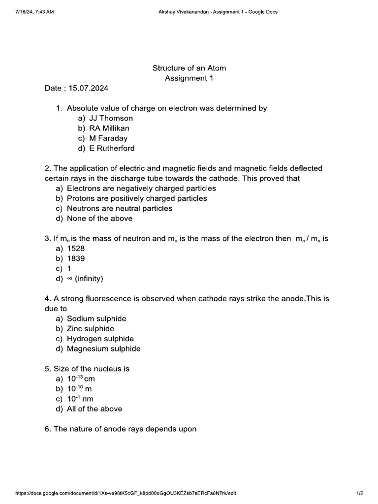 Chemistry CW 1 | PDF