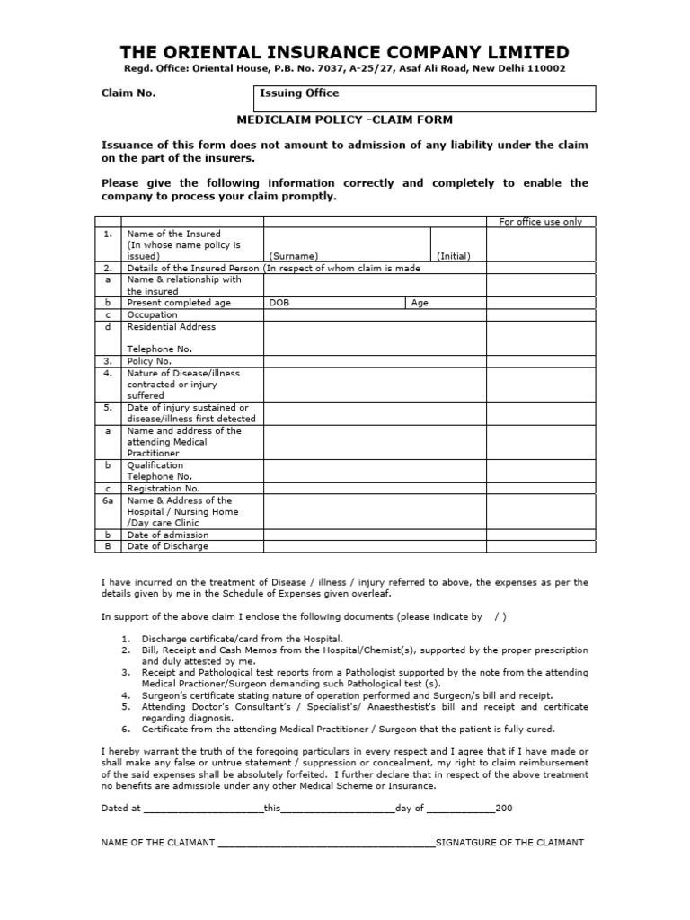 Oriental Claim Form | PDF | Hospital | Childbirth