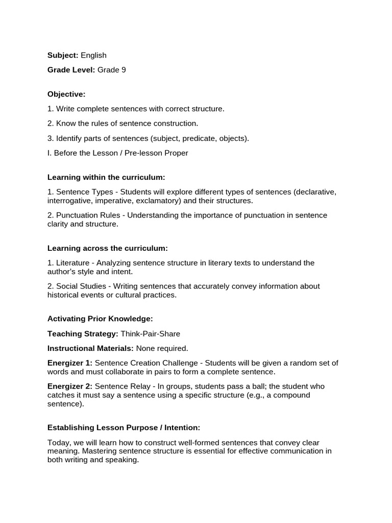 Mastering Sentence Structure in Grade 9 | PDF | Subject (Grammar ...