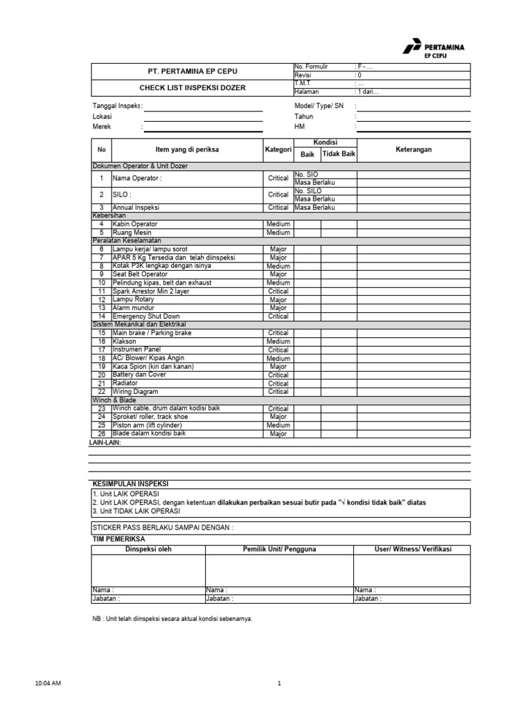 Form Inspeksi Unit Dozer - Update 25082024 | PDF