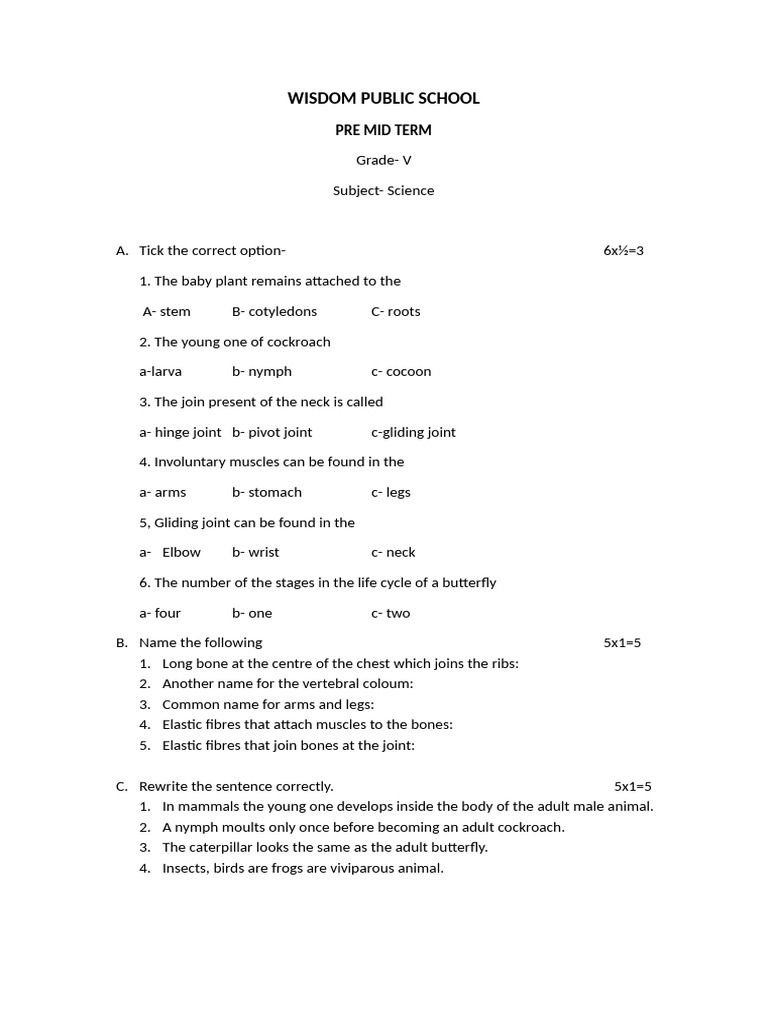 Grade V Science First Term Exam | PDF | Bone | Skeleton
