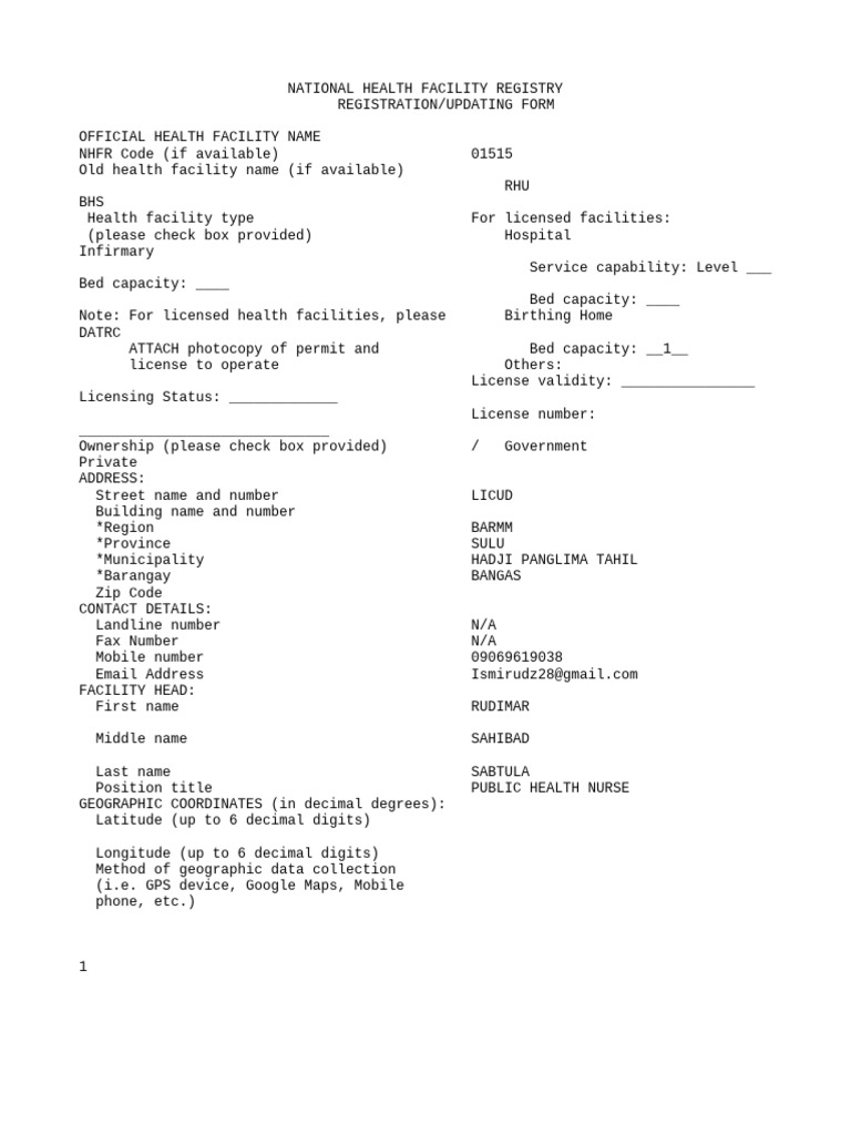 NHFR Registration Form for Facilities | PDF | Telecommunications ...