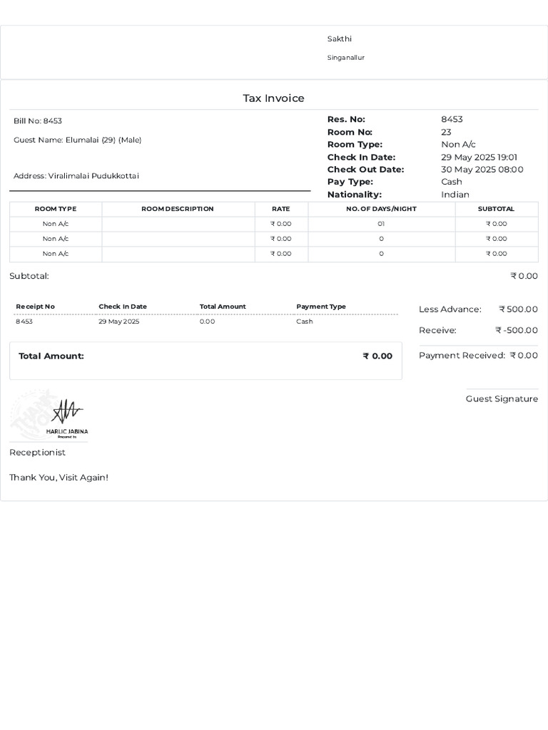 Chennai Hotel Bill Format | PDF