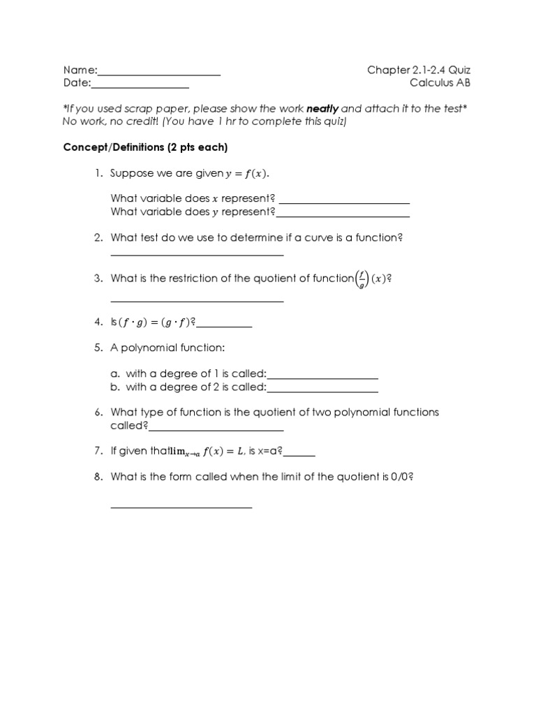 Calculus AB Quiz 2.12.4 Function (Mathematics) Calculus