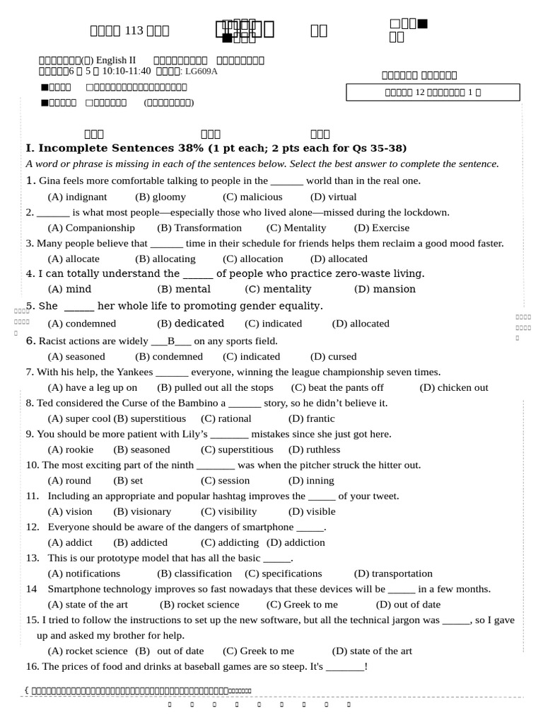 113 2 Freshman English II Final Exam Ting - new 複本 | PDF | Indulgence