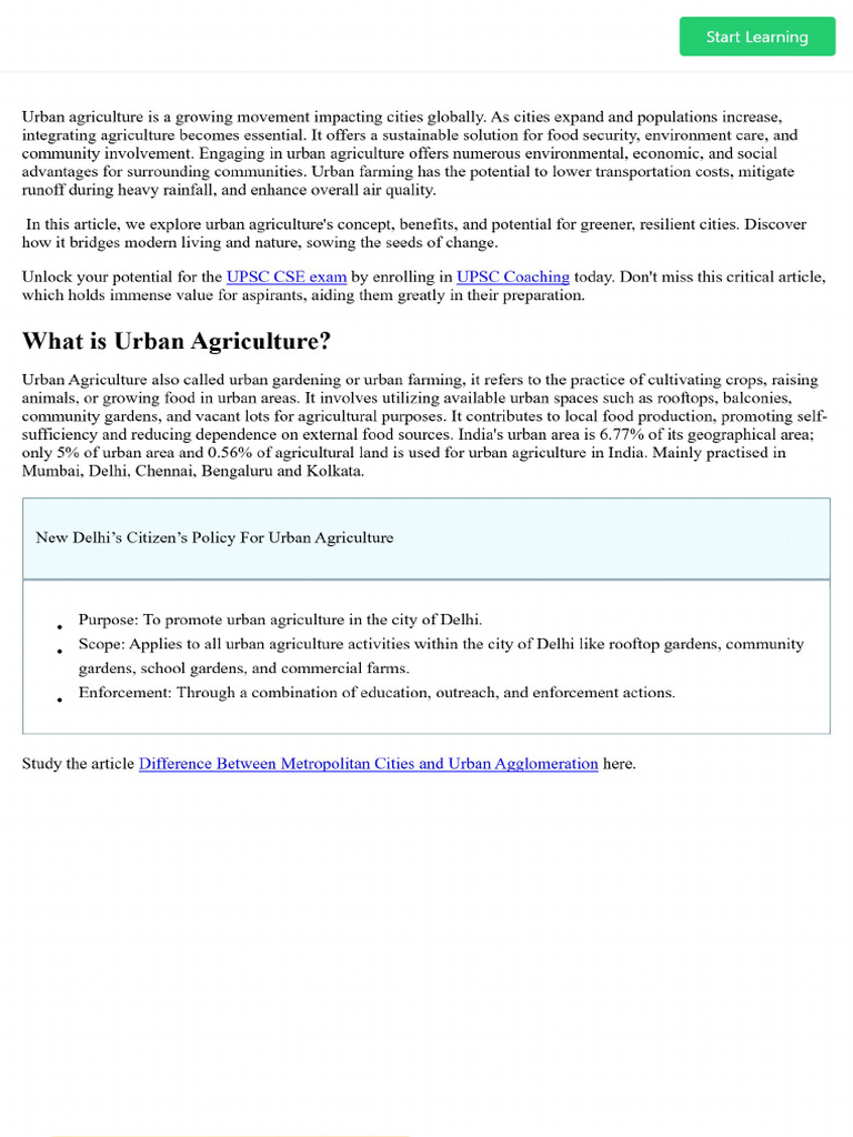 Urban Agriculture - Types, Benefits, and Challenges | PDF