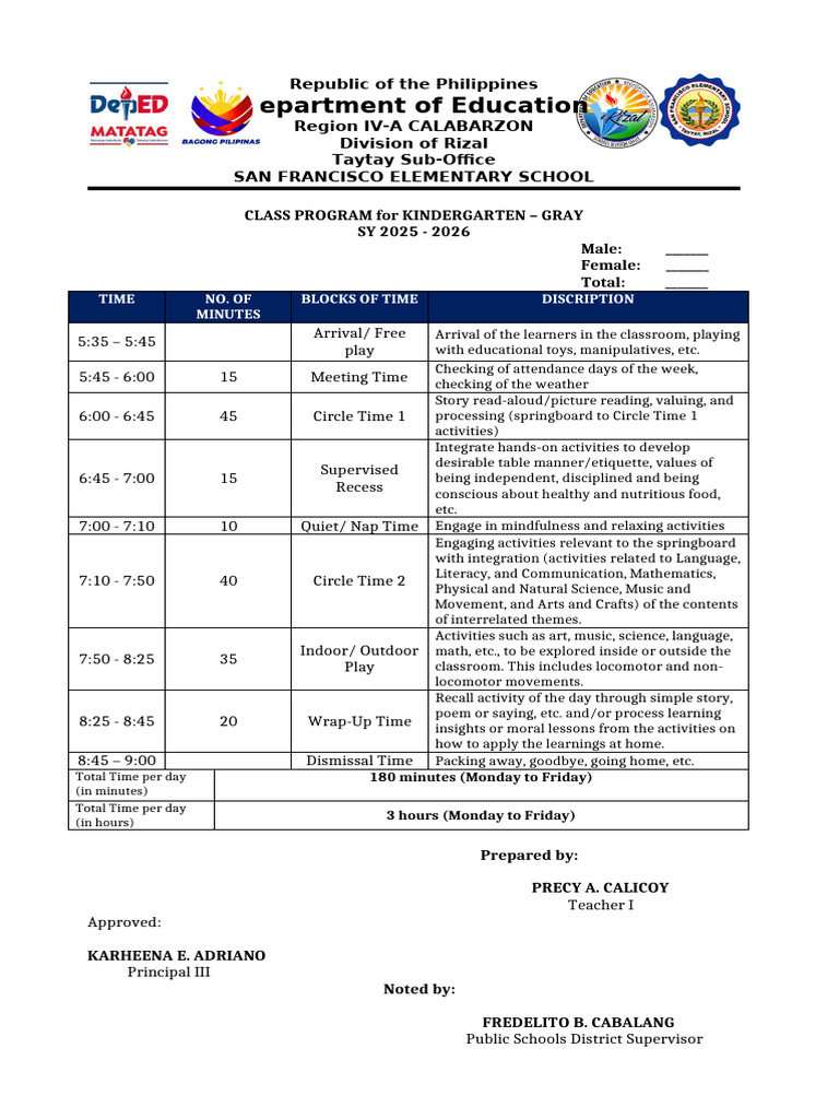 SY25 26 Kinder Class Teachers Program | PDF | Teachers | Classroom