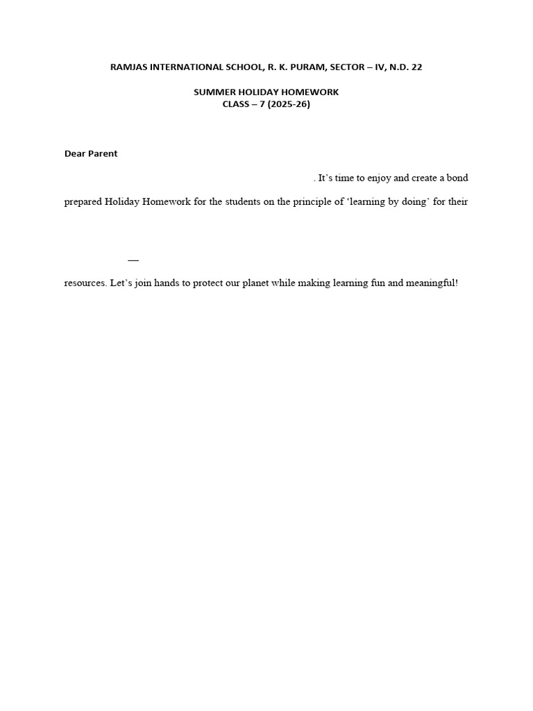 Summer Holiday Homework Class 7 2025-26 | PDF
