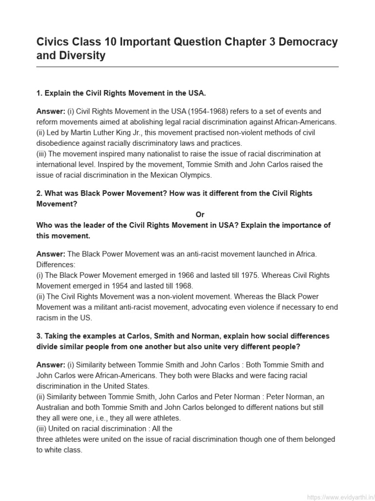 important questions class 10 civics chapter 3 PDF Black Power