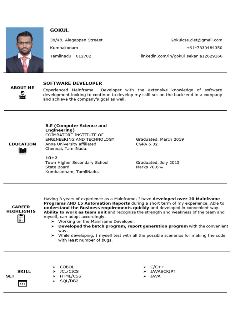 Mainframe Developer Resume - Gokul Sekar | PDF | Computer Programming ...