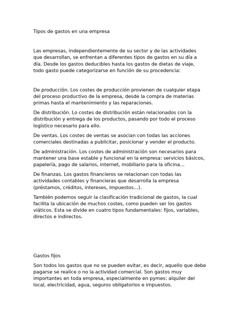 Clasificación De Gastos En Empresas Pdf Business Economias 