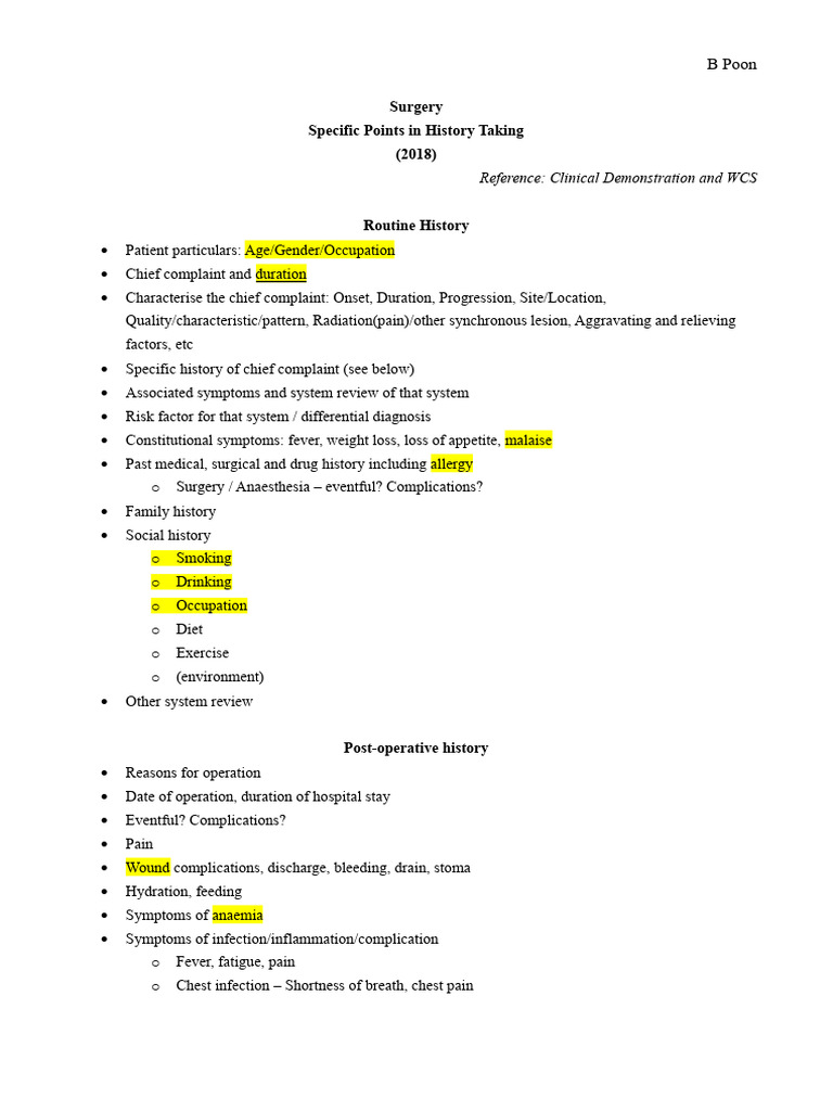 Specific Points in History Taking (Surgery 2018version) .PDF 的副本 | PDF ...