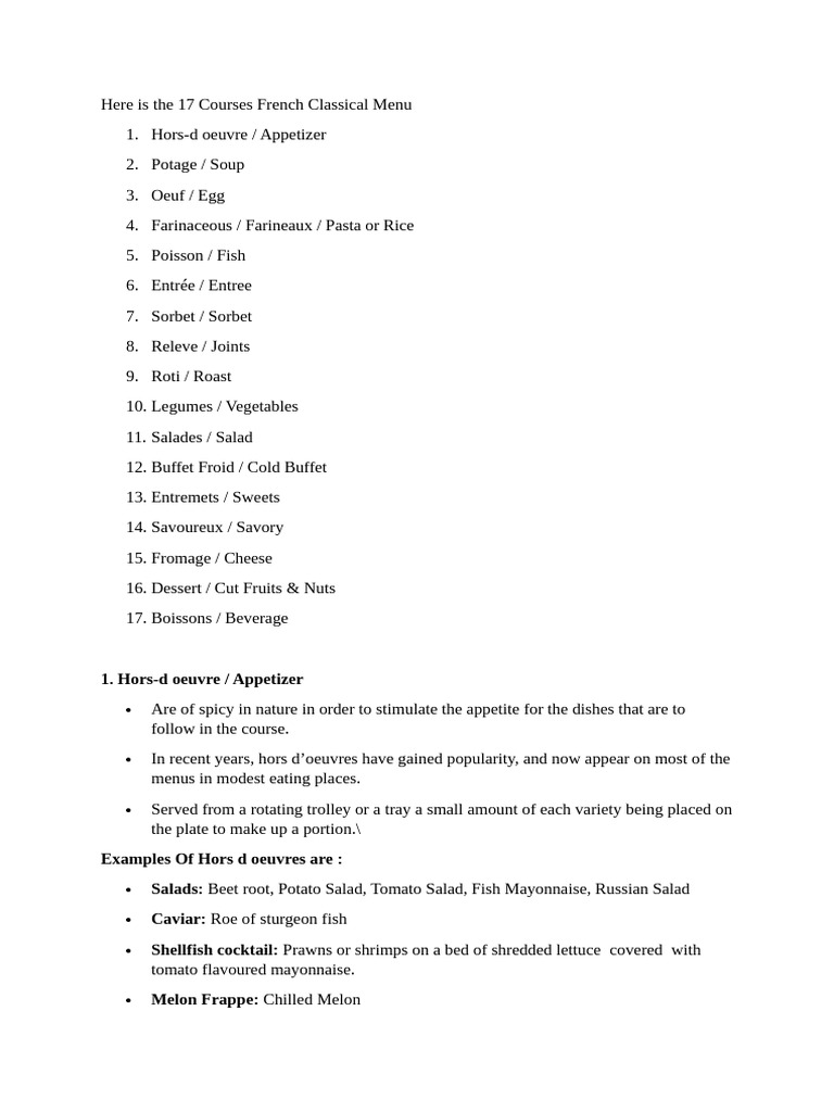 17-Course French Classical Menu Guide | PDF | Hors D'oeuvre | Pasta