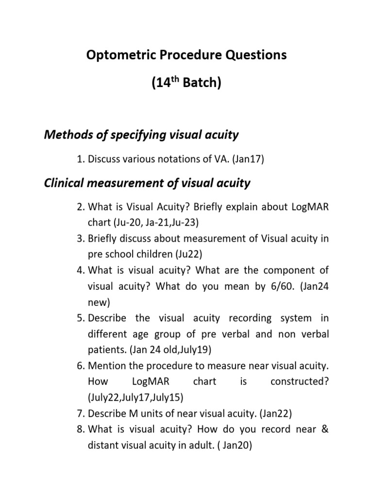 Optometric Procedure Questions | PDF | Visual Acuity | Eye