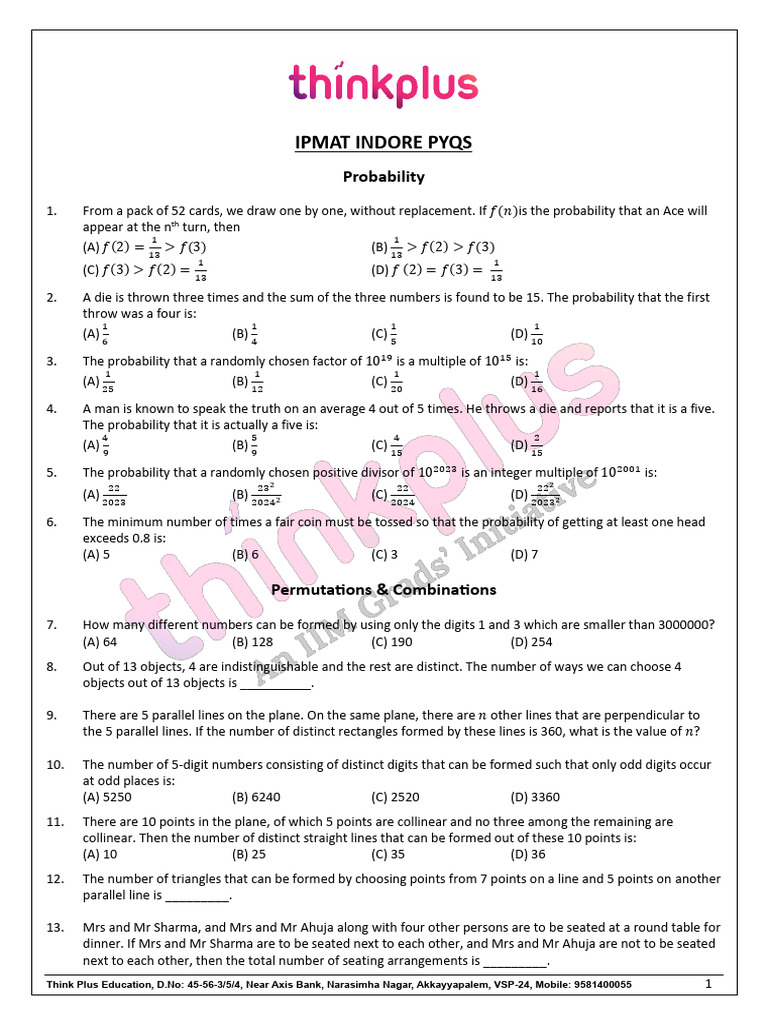 IPMAT Indore PYQs: Probability & Combinations | PDF | Discrete ...