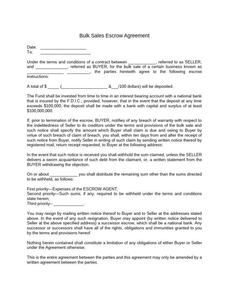 Bulk Sales Escrow Agreement Template | PDF | Sales | Contractual Term