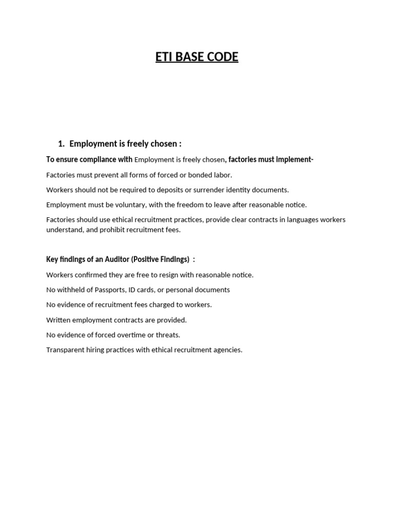 ETI Base Code Compliance Overview | PDF | Employment | Overtime